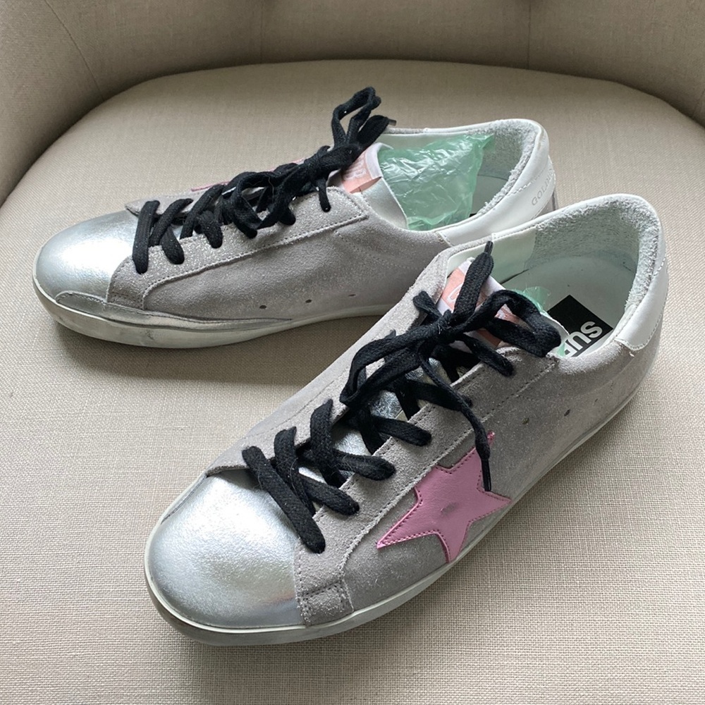 Golden Goose Silver Glitter Suede Superstar Sneakers with Pink Star Sz 38